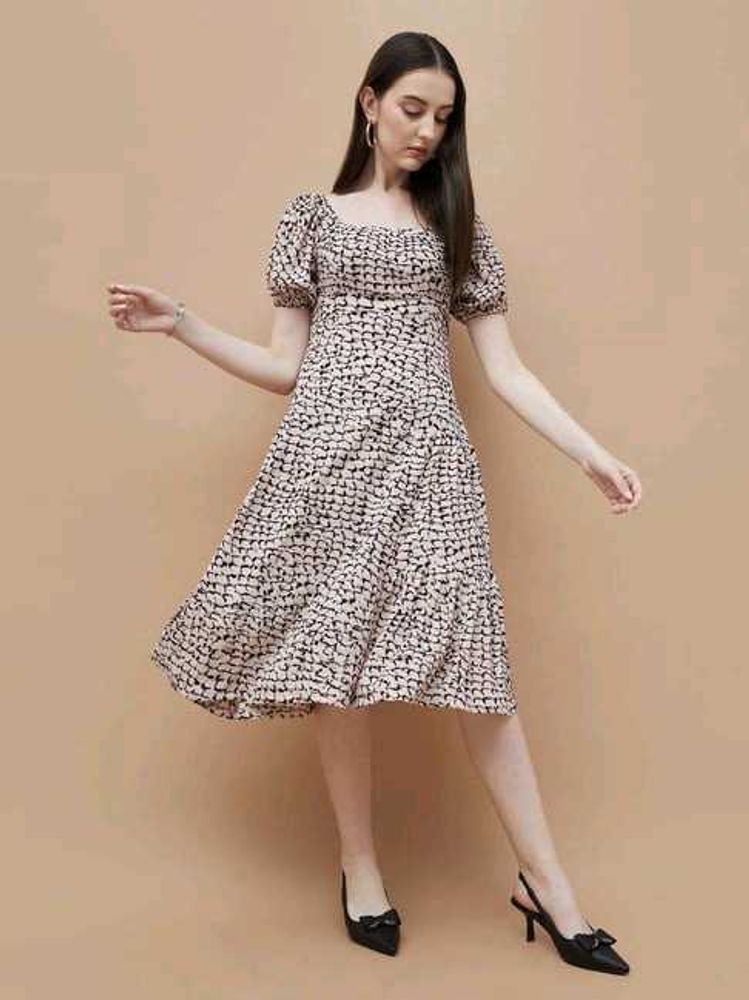 Code By Lifestyle Beige Regular Fit Printed Dress