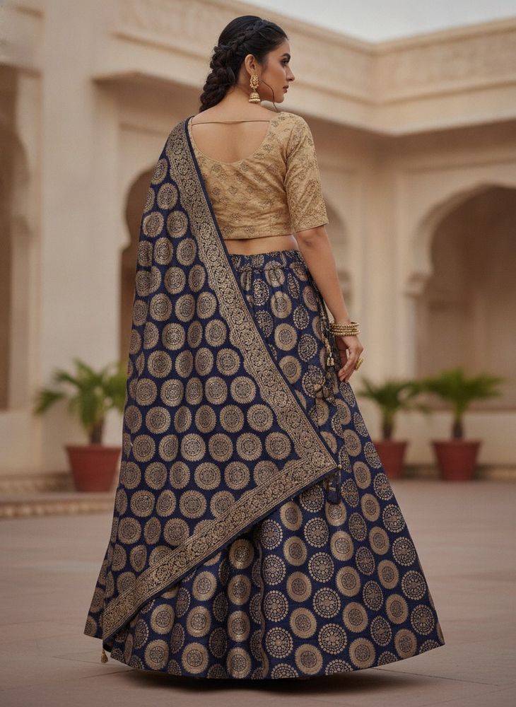 Elegant Navy &amp; Gold Print Lehenga Choli dress