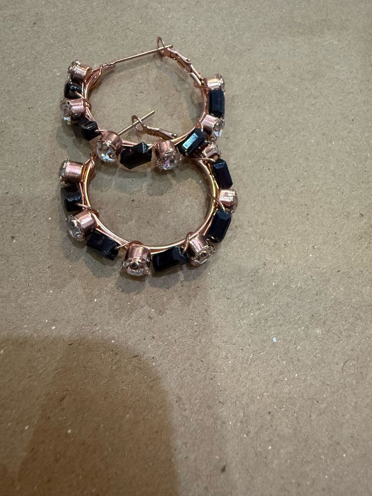 Stylish Hoop Earrings with Black and Clear Gems