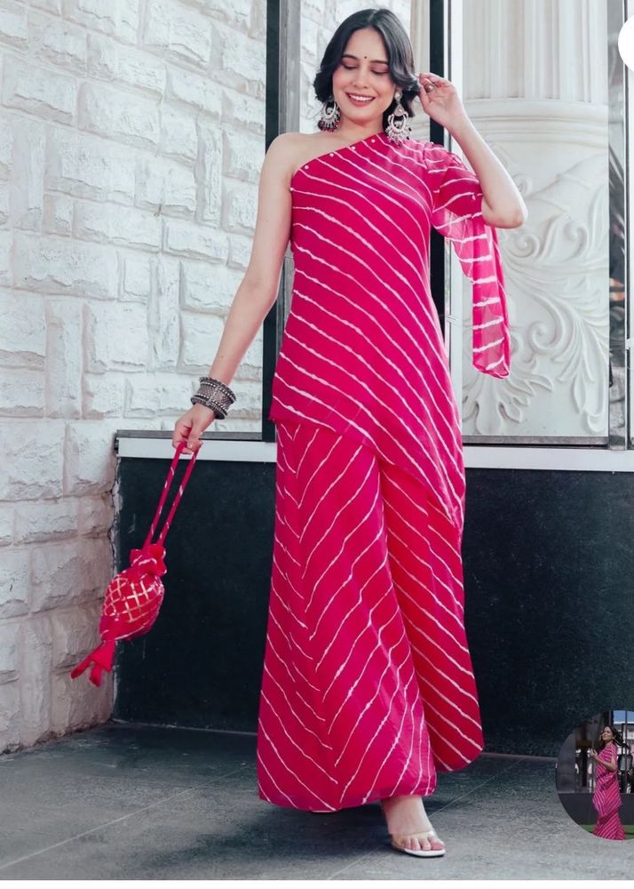 Pink Leheriya One shoulder Kurta Set