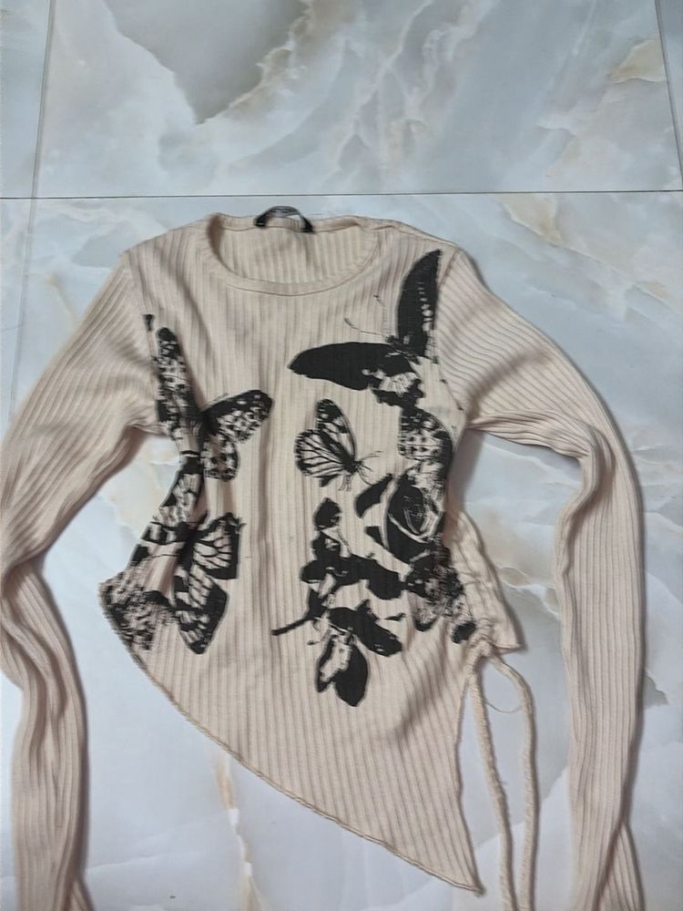 y2k Butterfly Print Ribbed Long Sleeve Top