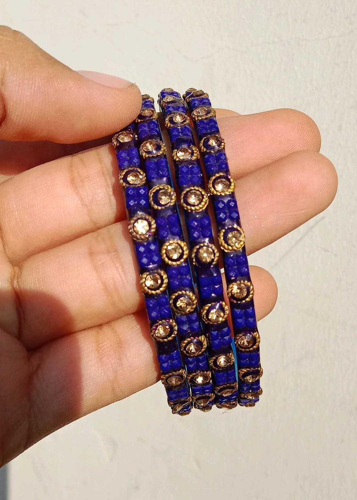Elegant Blue Bangles with Golden Embellishments