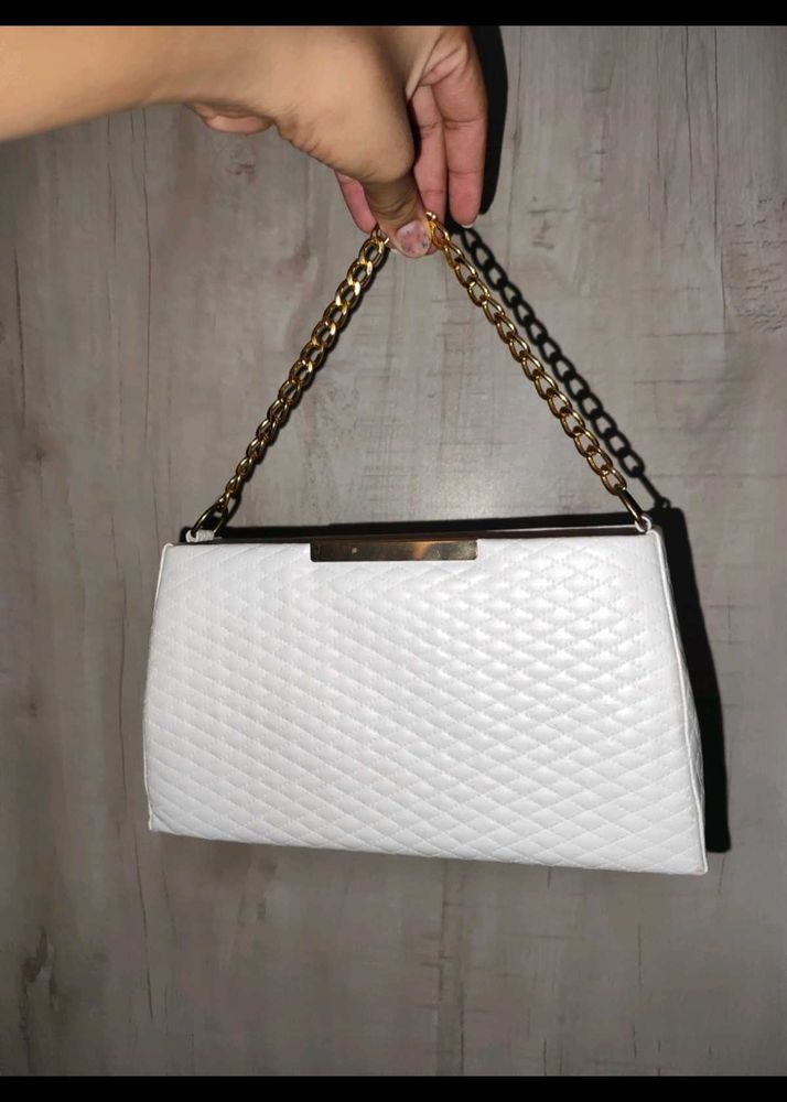 Chic White Quilted Clutch with Gold Chain