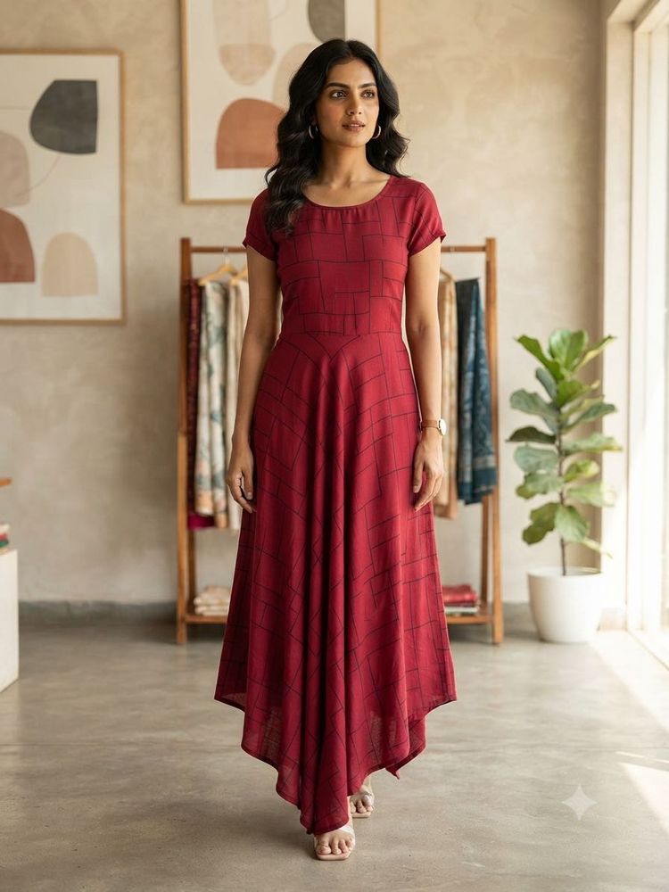 Maroon checkered asymmetric dress