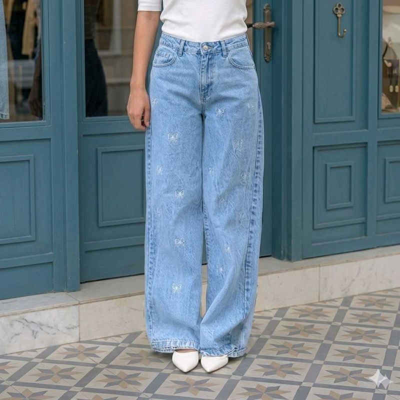 Light Wash Denim Jeans with Bow Embroidery