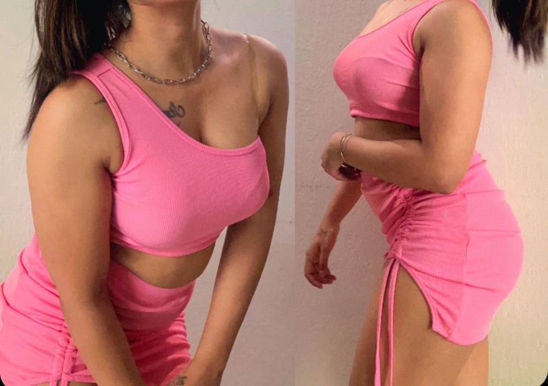Pink One-Shoulder Ruched Mini Dress Set