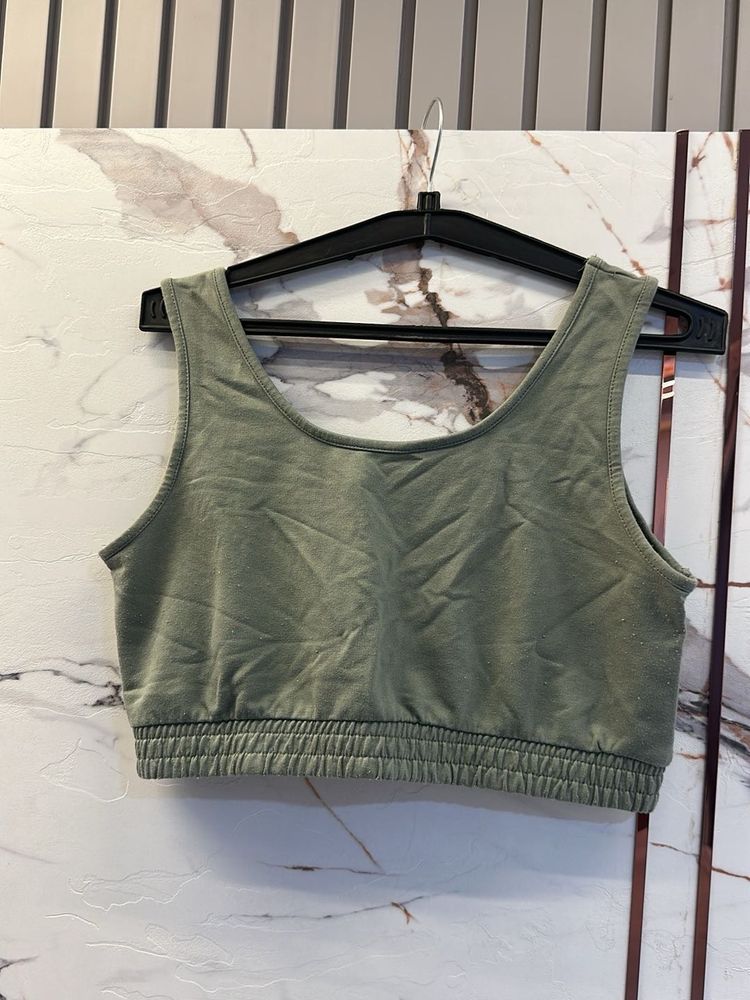 Olive Green Cropped Tank Top, Bust- 32