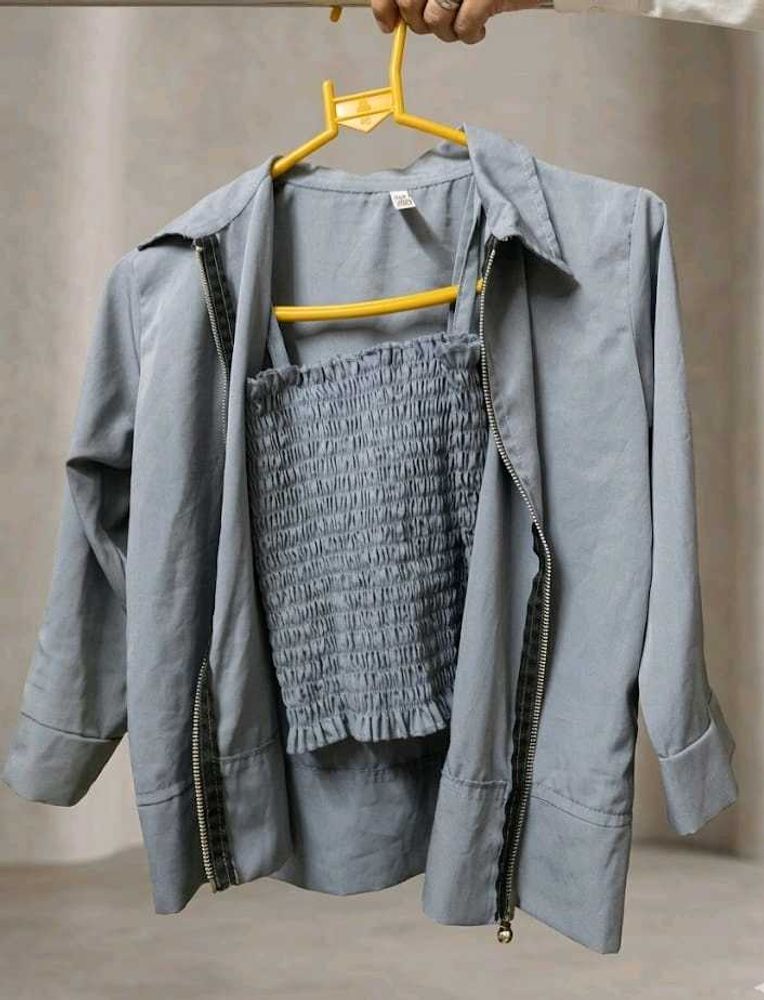 Stylish Smocked Crop Top &amp; Jacket Set