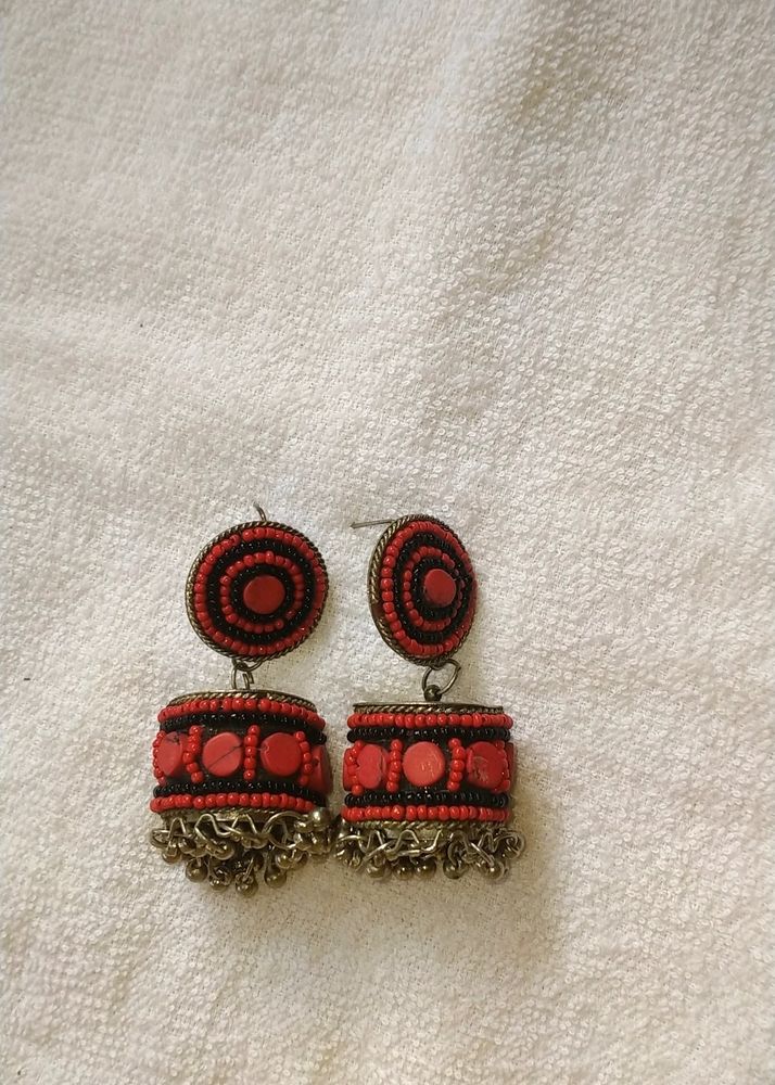 Red Oxidised Jhumkas