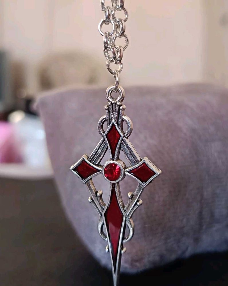 `Silver And Red Gothic Cross Necklace