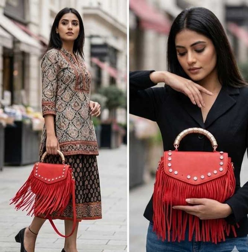 Chic Red Handbag with Gold Accent Handle