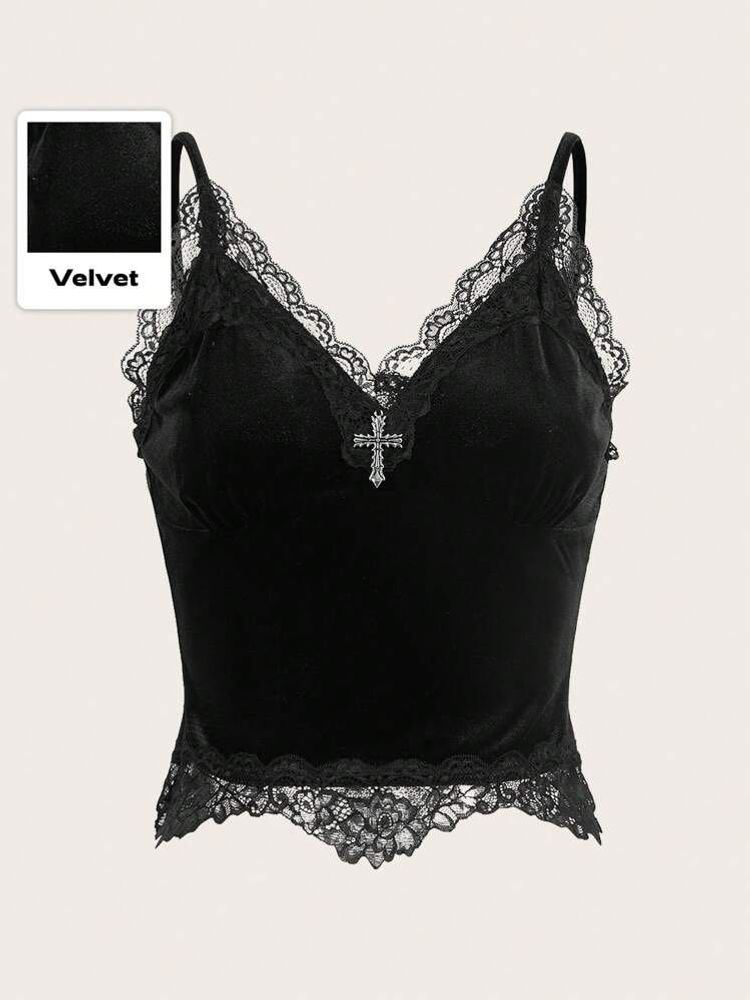 Goth Velvet Cami Top with Lace Trim