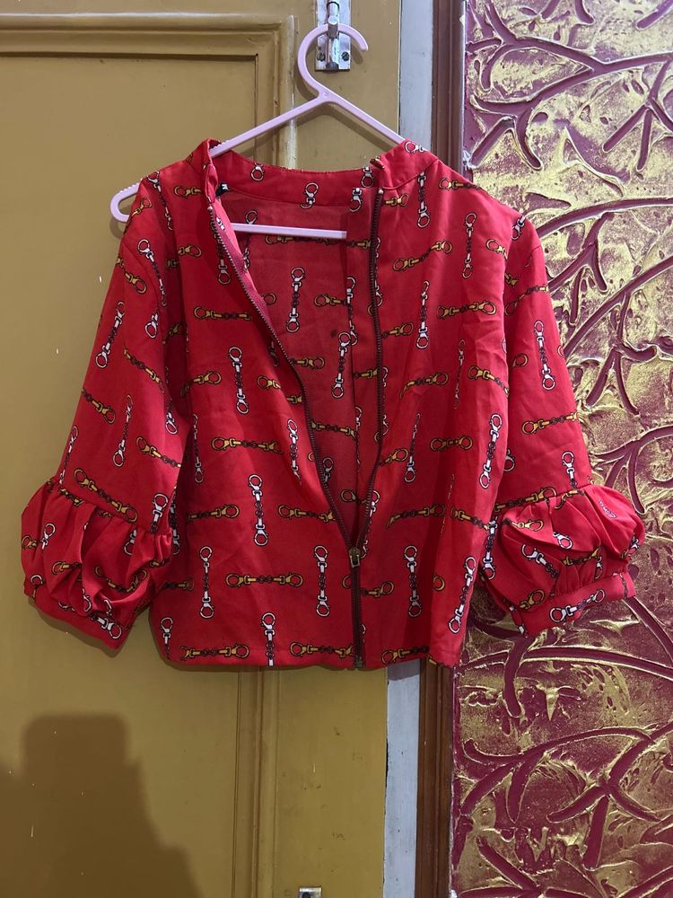 Red Printed Cropped Zip-Up Blouse