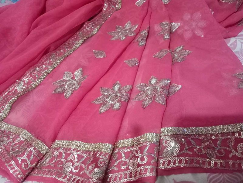 Silver Sitara Work Pink Saree
