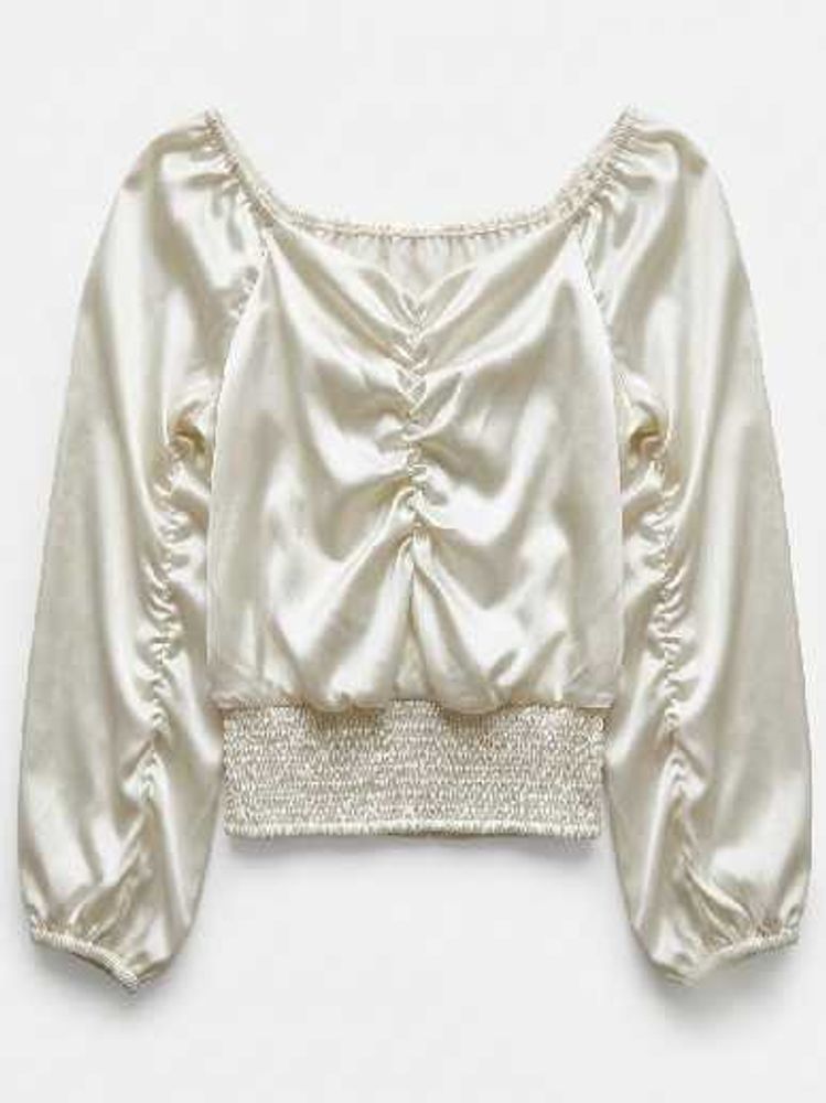 Cream Satin Ruched Long Sleeve Top