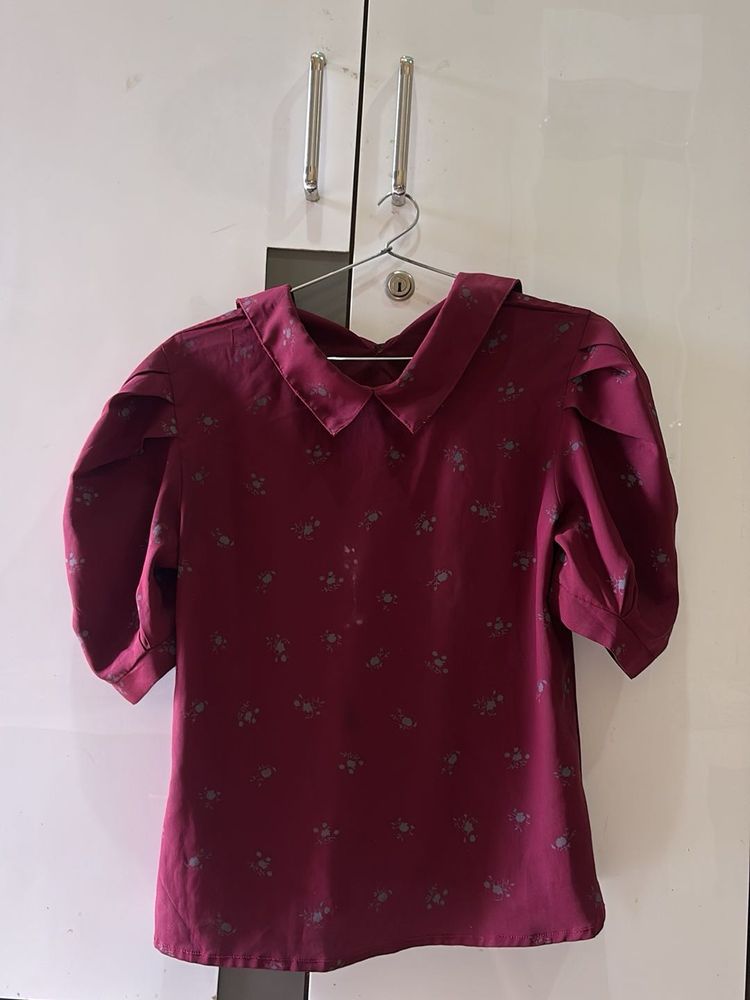 Maroon Floral Puff Sleeve Top