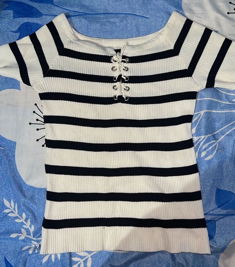 Striped Lace-Up Knit Top