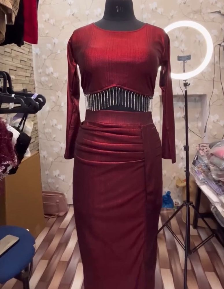 Party wear Maroon Embellished Crop Top &amp; Skirt Set