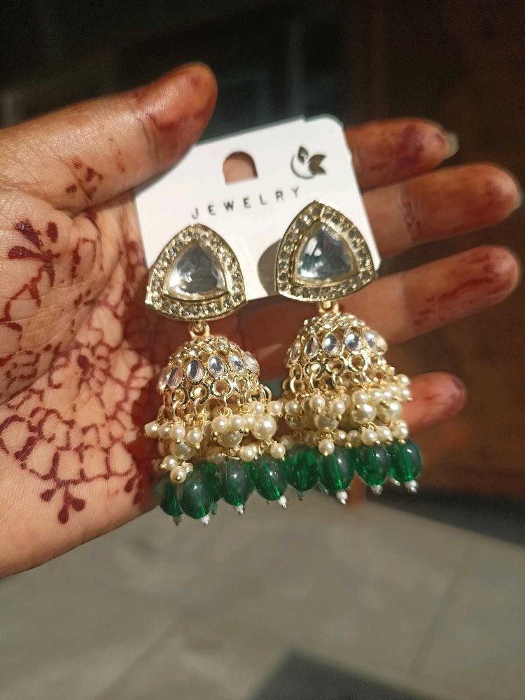 Green &amp; Gold Jhumka Earrings