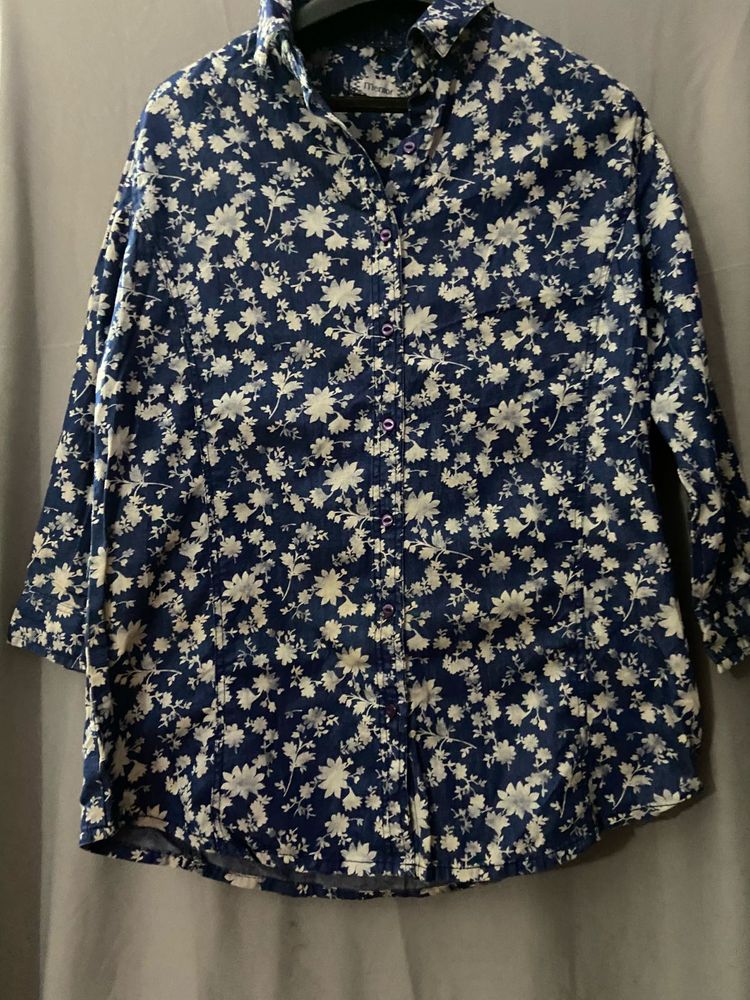 Mentor Floral Print Button-Down Blue Shirt