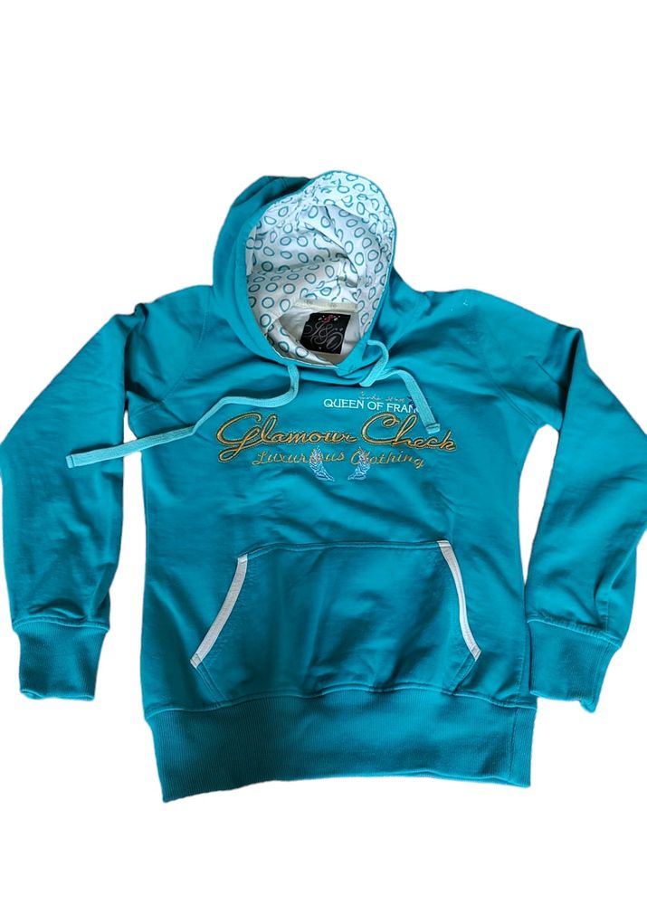 Women Sea Green Hoodie With Printed Cap
