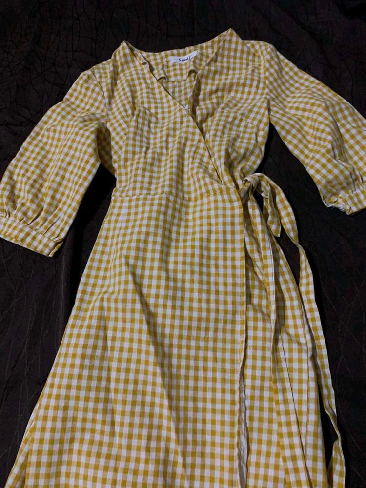 Yellow Gingham Wrap Dress