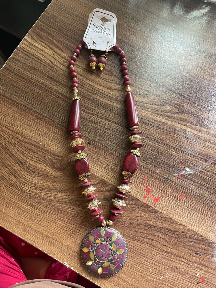 Maroon Beaded Necklace &amp; Earring Set