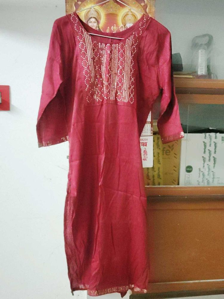 93.Maroon Kurta with Embellished Neckline