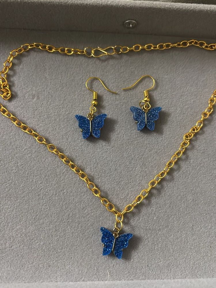 Blue Butterfly Necklace &amp; Earring Set