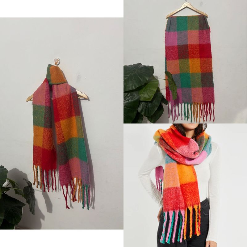 Colorful Plaid Scarf with Fringe
