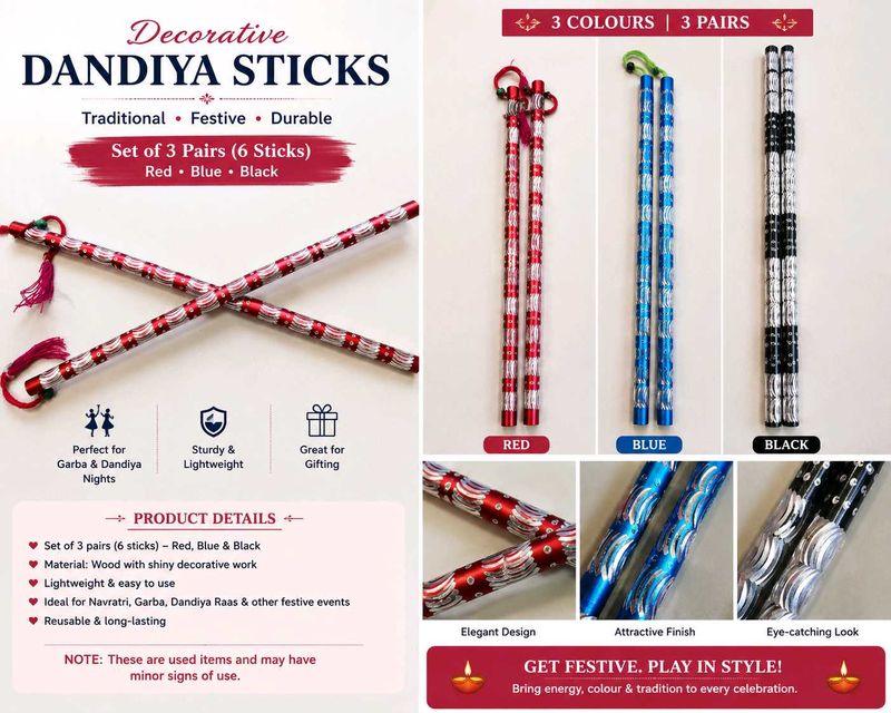Decorative Dandiya Sticks - Set of 3 Pairs