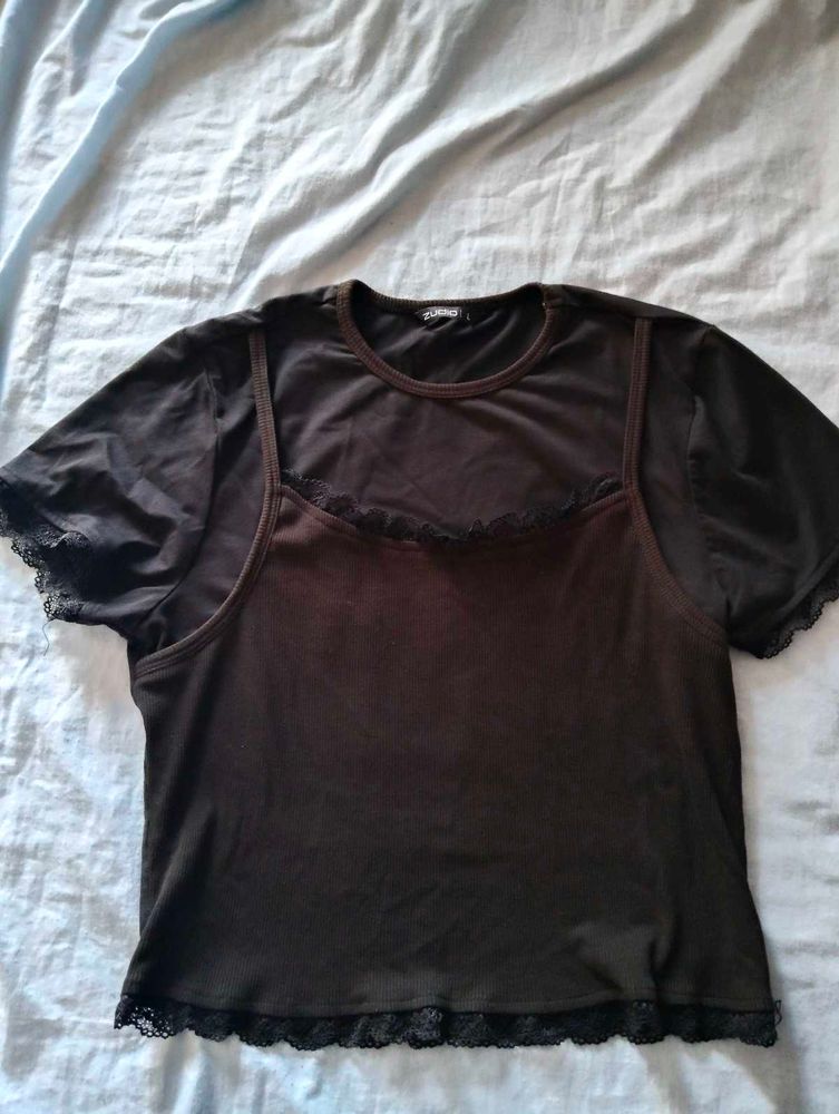 Layered Black Lace Trim T-Shirt