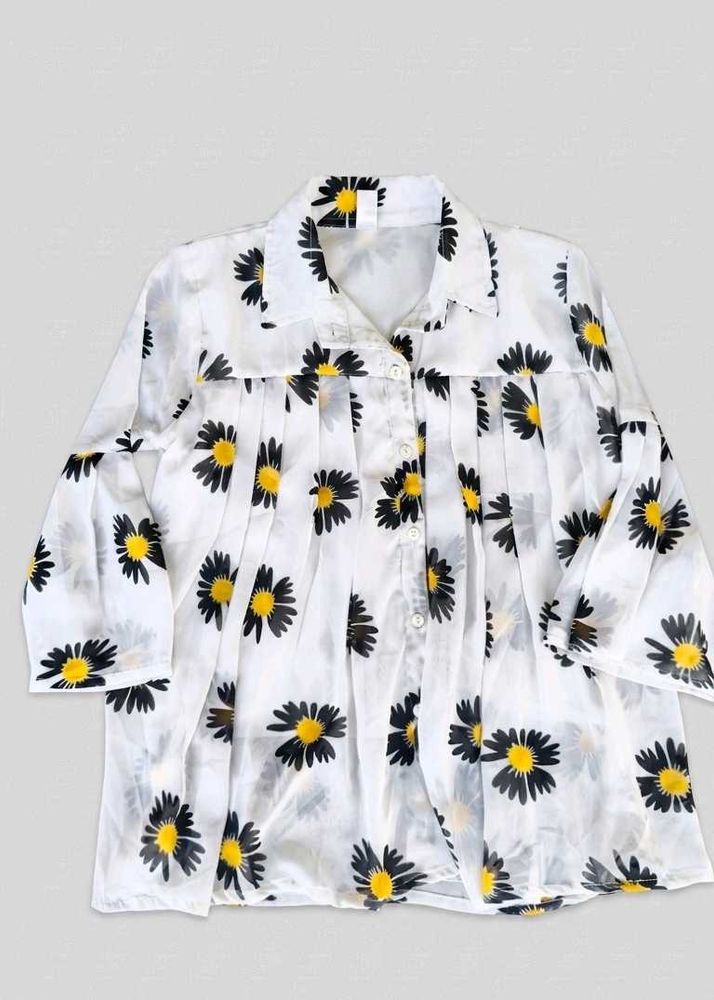 Chic Daisy Print Sheer Blouse