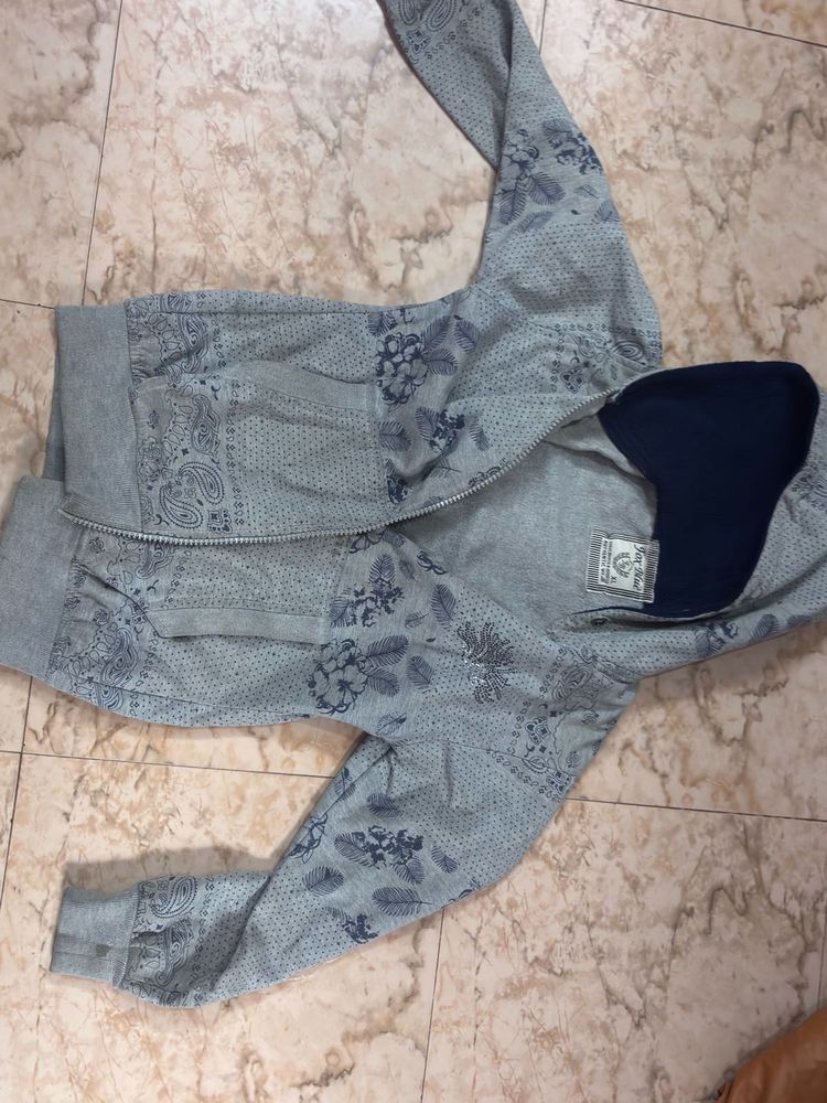 Gray Floral Print Zip-Up Hoodie