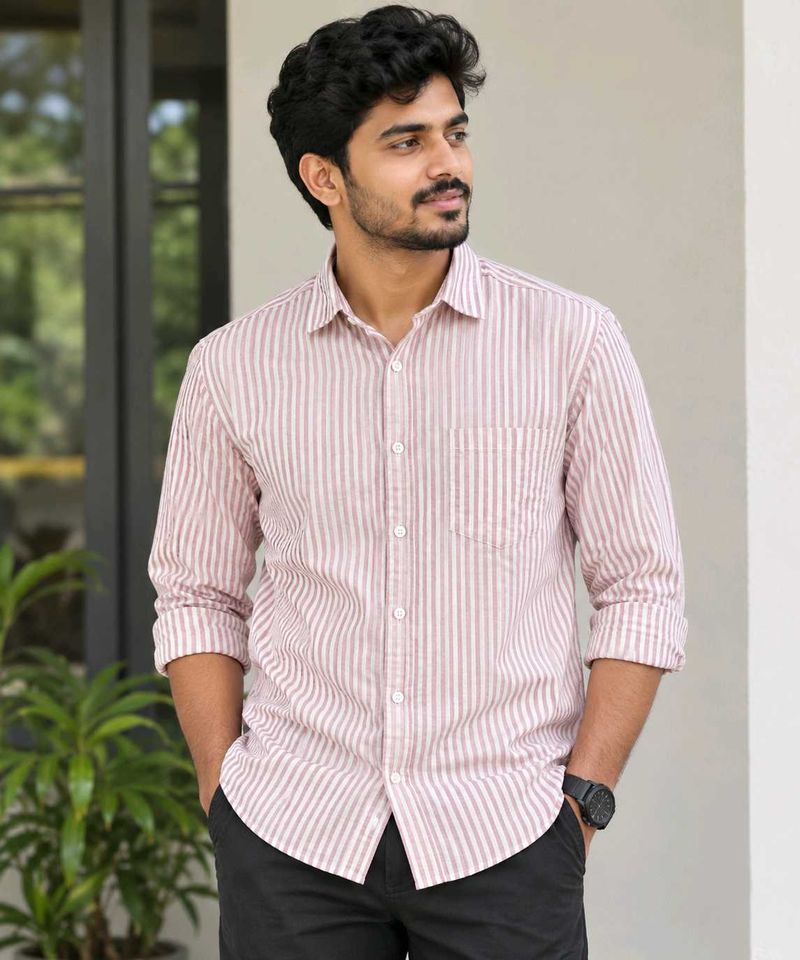 Men’s Pink &amp; White Striped Casual Shirt