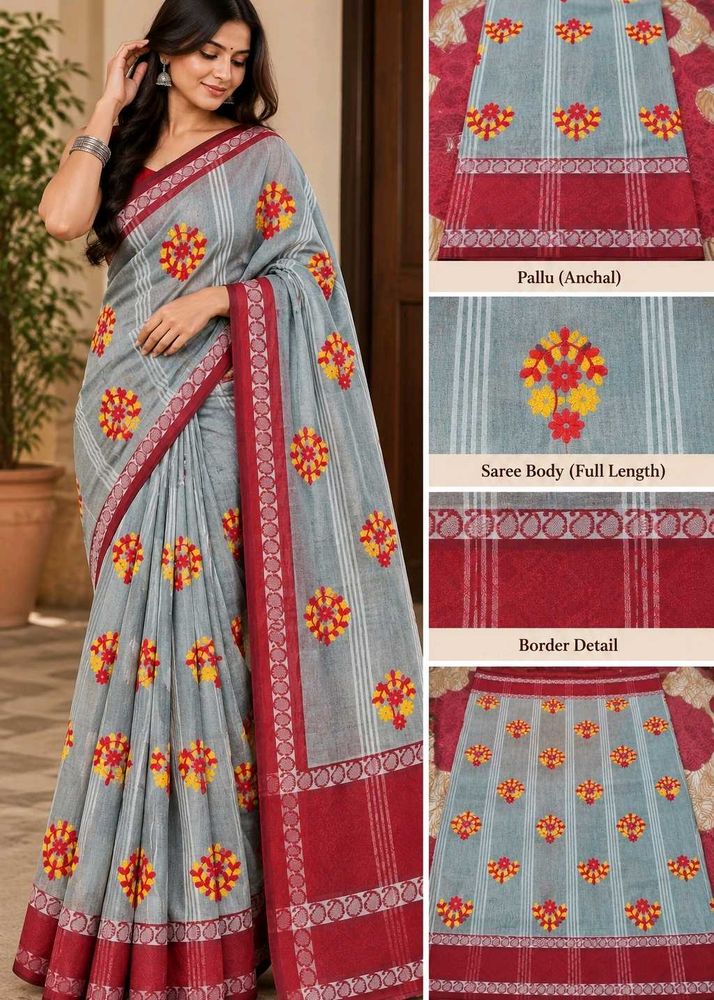 Elegant Grey &amp; Red Embroidered Cotton Saree