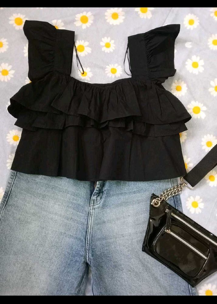 Black Ruffled Off-Shoulder Top