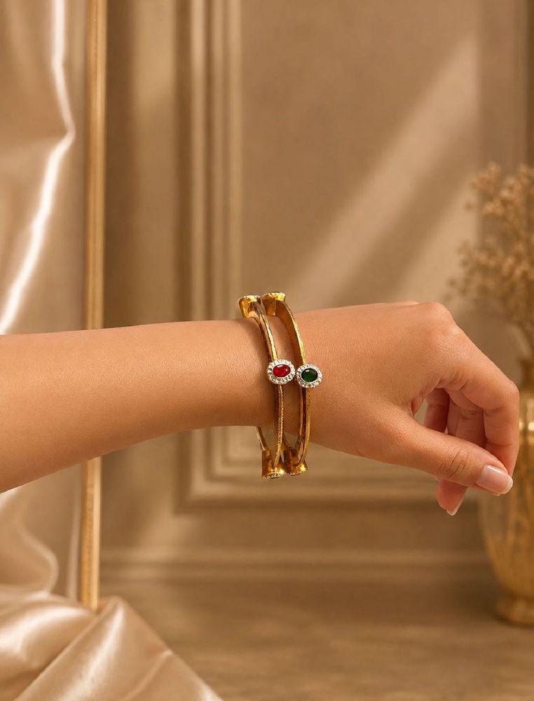 COMBO:Elegant Gold Bangles with Red &amp; Green Stones