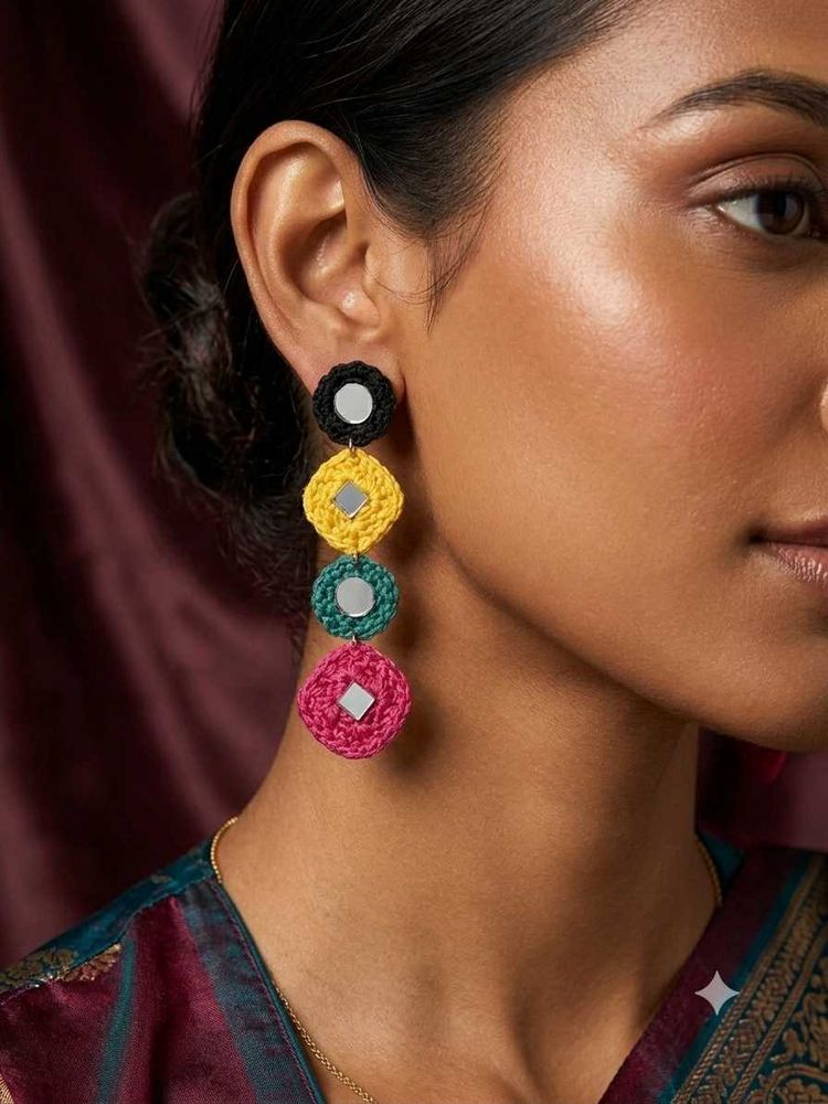 Boho Crochet Mirror Dangle Earrings(Navratri)