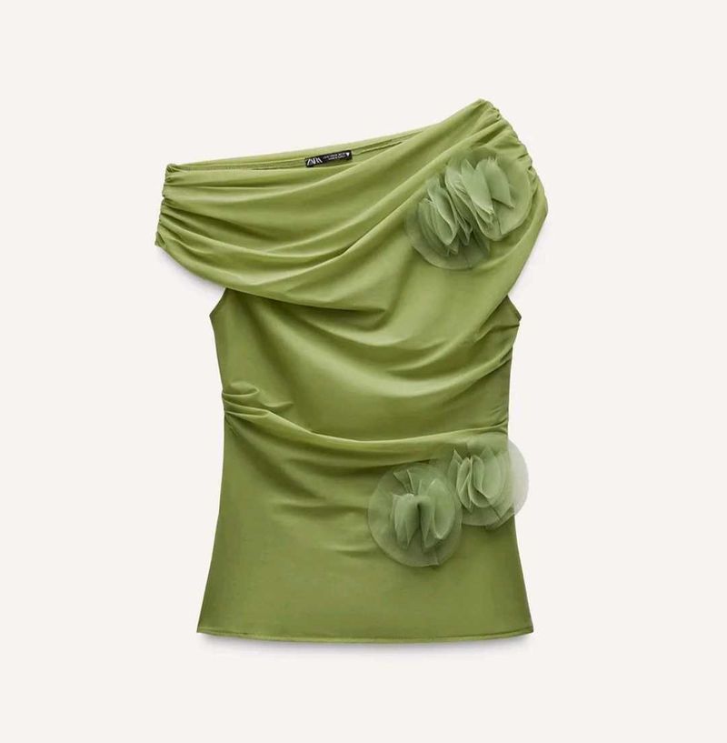 Zara Green Floral One-Shoulder Top