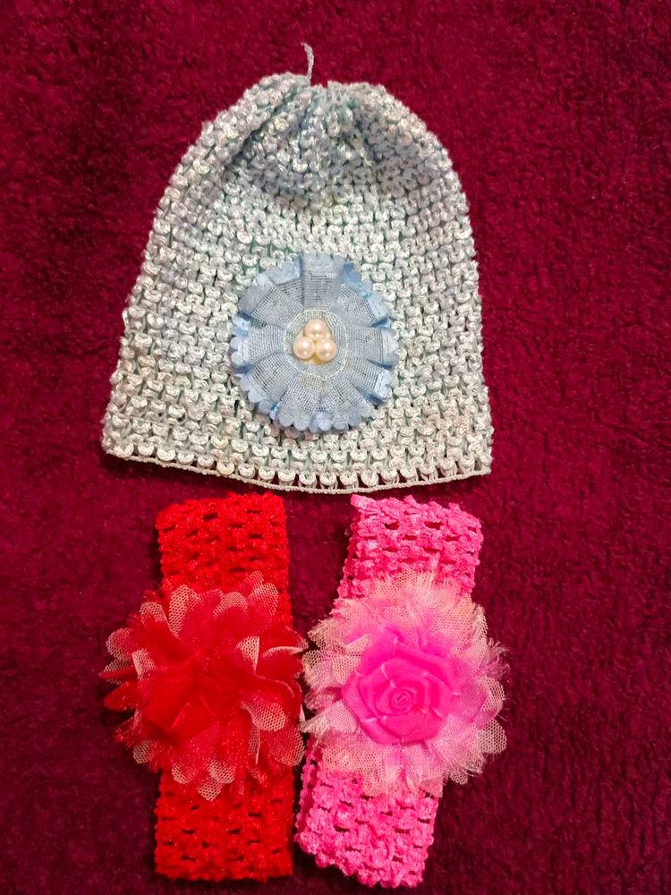 Baby Hat &amp; Headband Set And Cute Pink Sandal