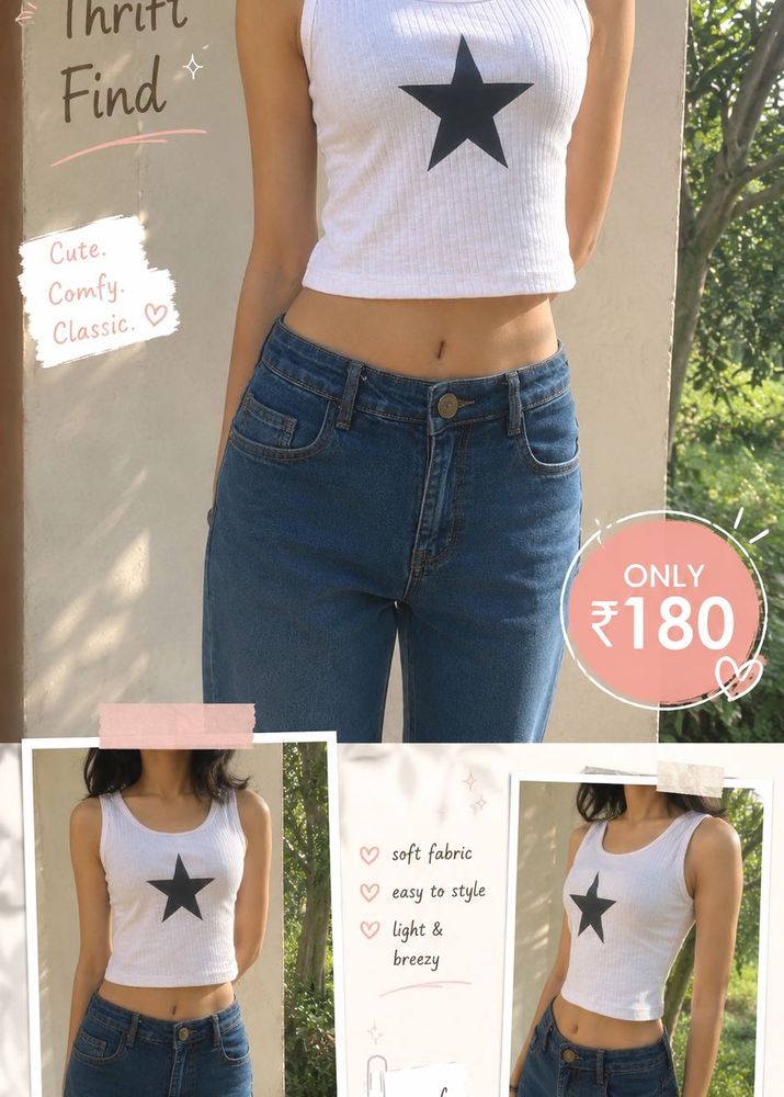Cute White Crop Top with Star Print