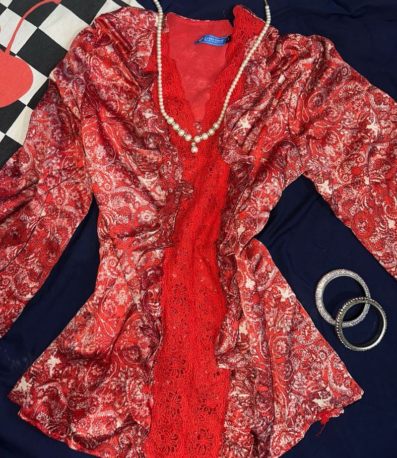 🍒Red Paisley Lace Trim Blouse