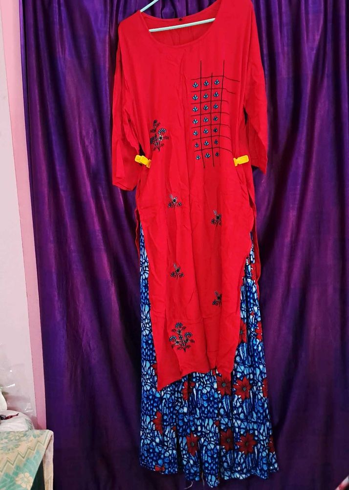 Red Kurta with Blue Printed palazzo