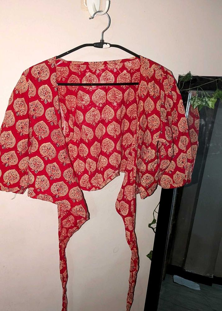 Red Printed Top with Tie-Ups