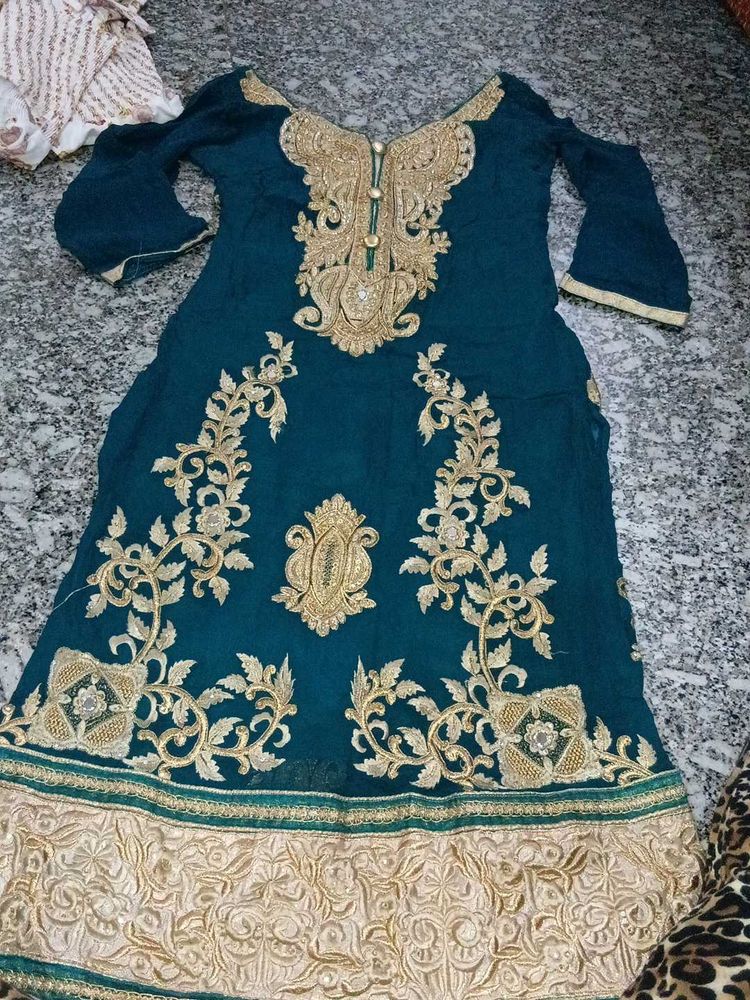 Teal Kurta with Gold Embroidery