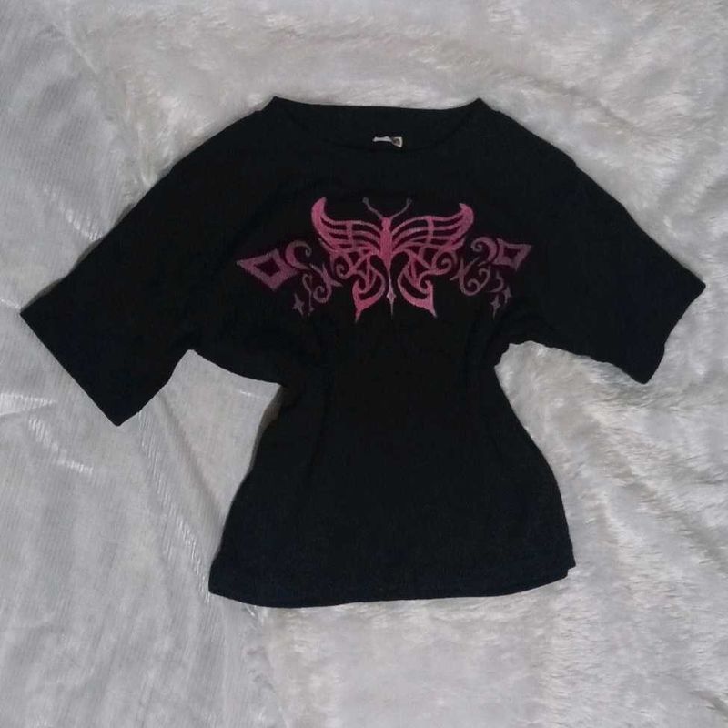 Black T-Shirt with Pink Butterfly Design