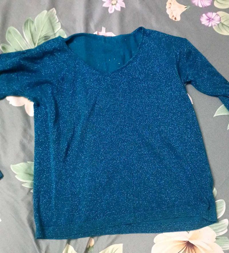 Sparkly Teal V-Neck Top