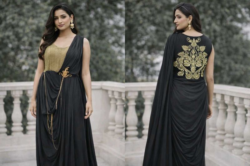 Elegant Black &amp; Gold Embroidered Ethnic Gown