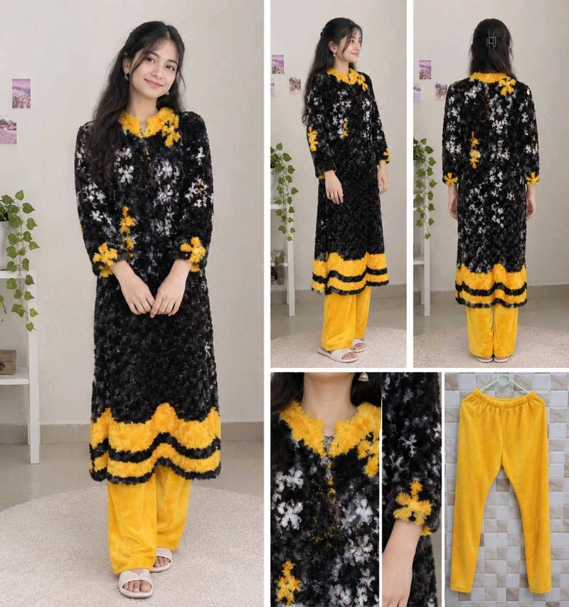Black &amp; Yellow Warm Fuzzy Kurta Set